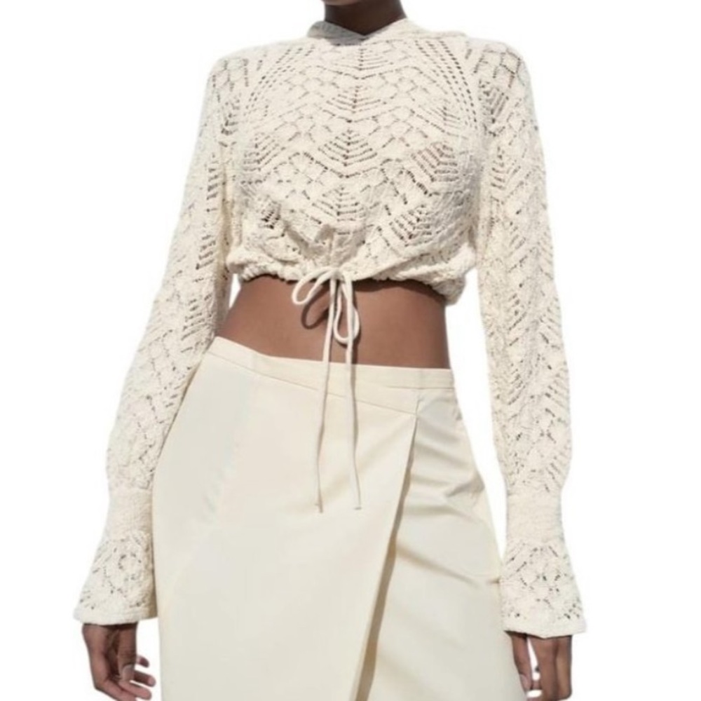 ZARA POINTELLE KNIT HOODIE ECRU SIZE S | 5802/034